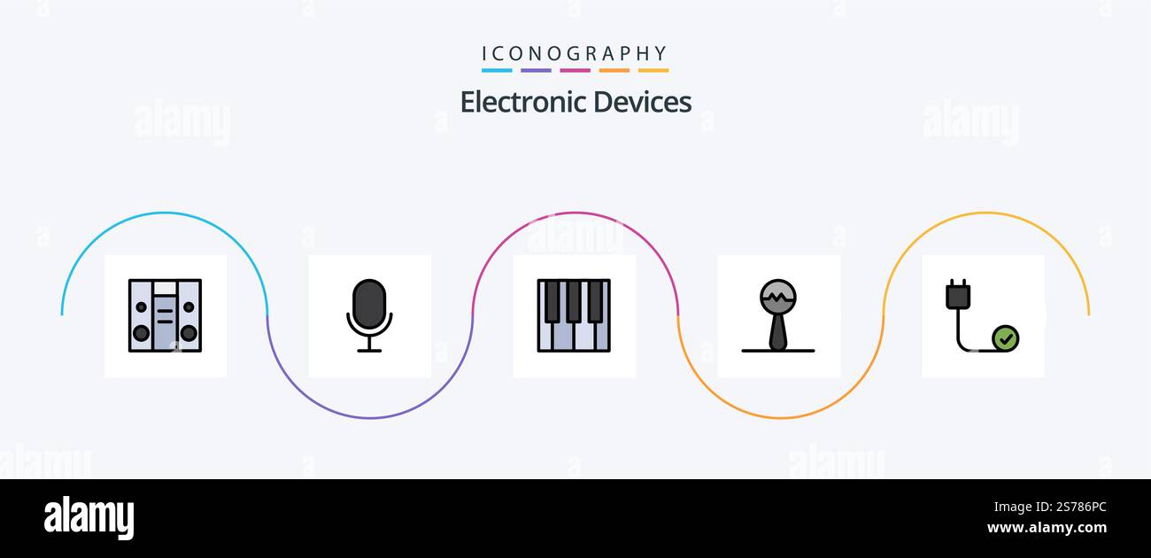 Devices Line Filled Flat 5 Icon Pack Including . devices. piano. cord. computers Stock Vector