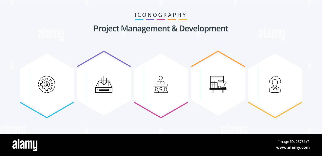Project Management And Development 25 Line icon pack including workplace. teamwork. mail. team. parcel Stock Vector