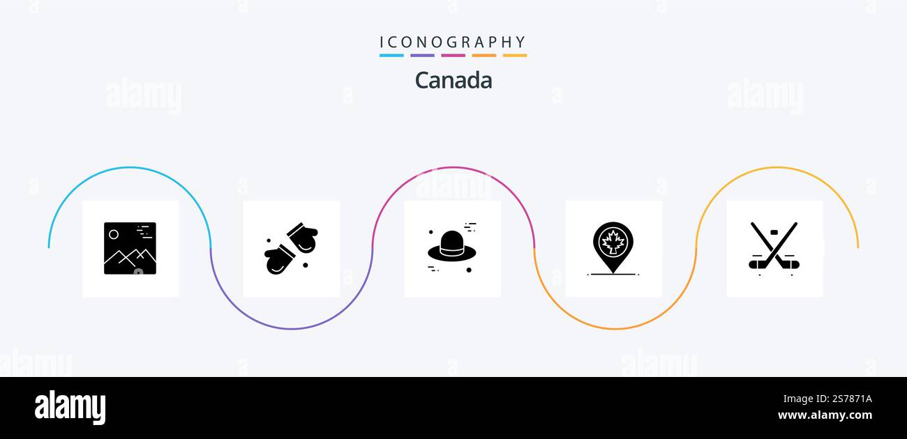 Canada Glyph 5 Icon Pack Including game. leaf. scandinavia. canada. map Stock Vector