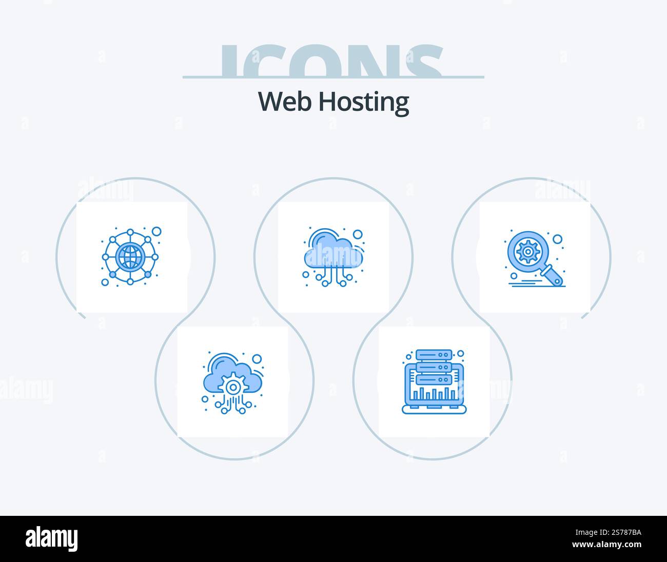 Web Hosting Blue Icon Pack 5 Icon Design. optimization. web. web. server. cloud Stock Vector