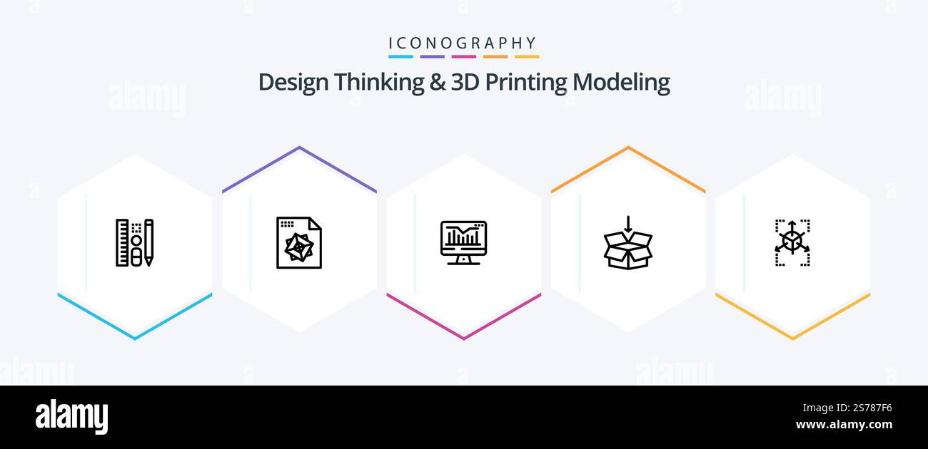 Design Thinking And D Printing Modeling 25 Line icon pack including database. prototype. static. education. arrow Stock Vector
