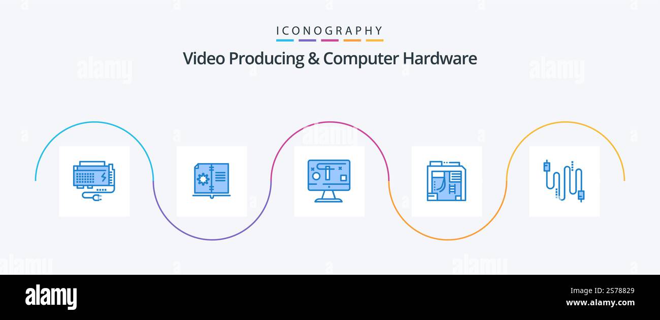 Video Producing And Computer Hardware Blue 5 Icon Pack Including audio. case. instruction. box. graphics Stock Vector
