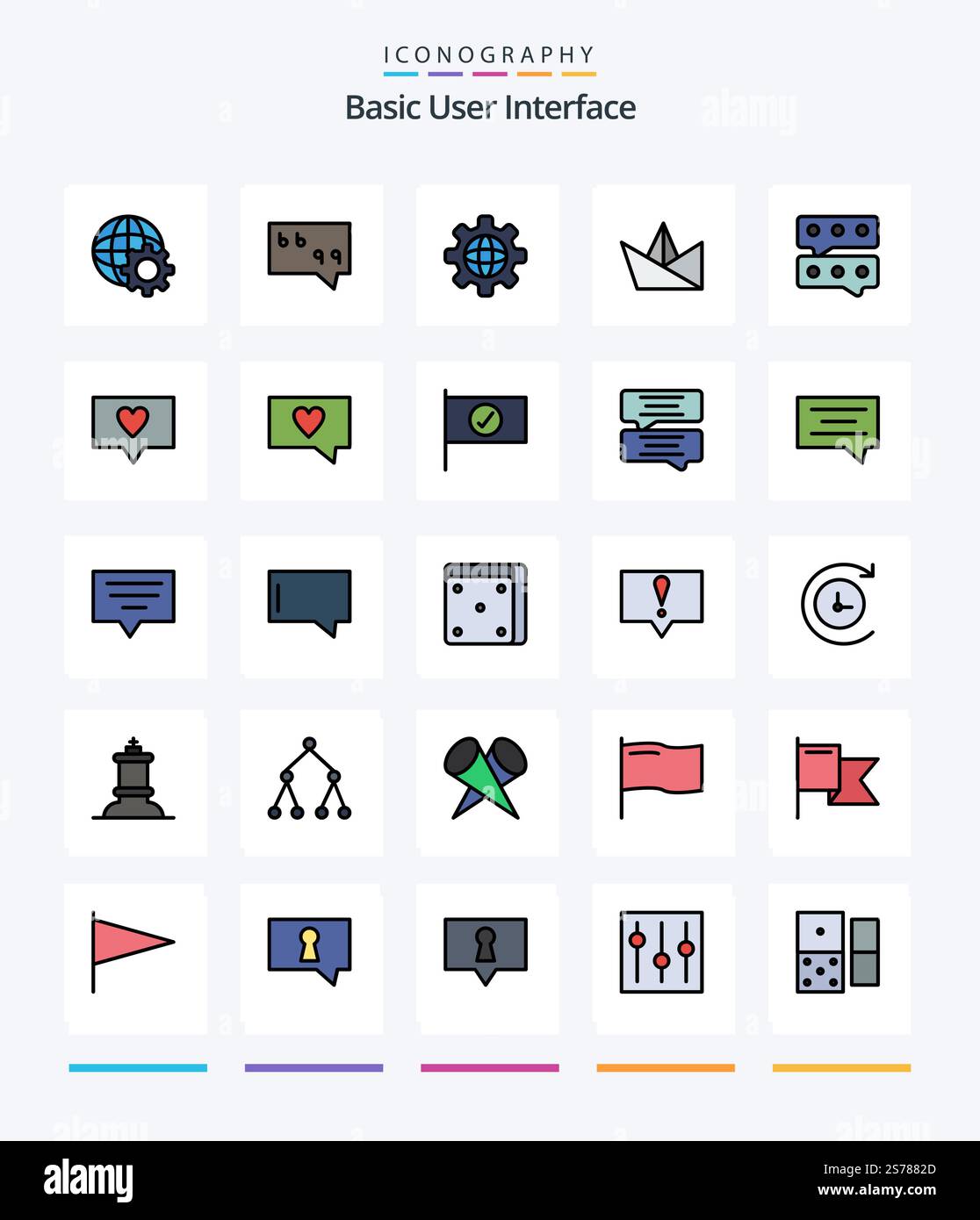 Creative Basic 25 Line FIlled icon pack  Such As message. like. world. message. bubble Stock Vector