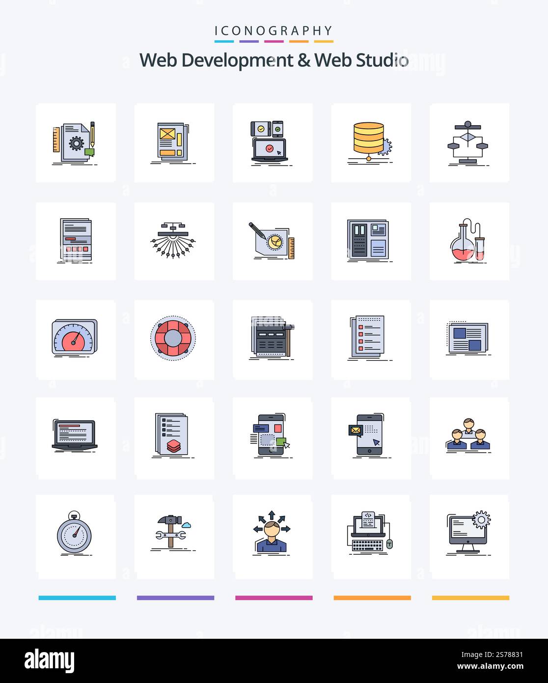 Creative Web Development And Web Studio 25 Line FIlled icon pack  Such As data. algorithm. layout. technology. mobile Stock Vector