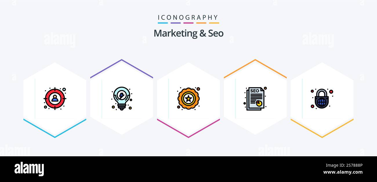 Marketing And Seo 25 FilledLine icon pack including globe with lock. globe. premium. security. seo Stock Vector