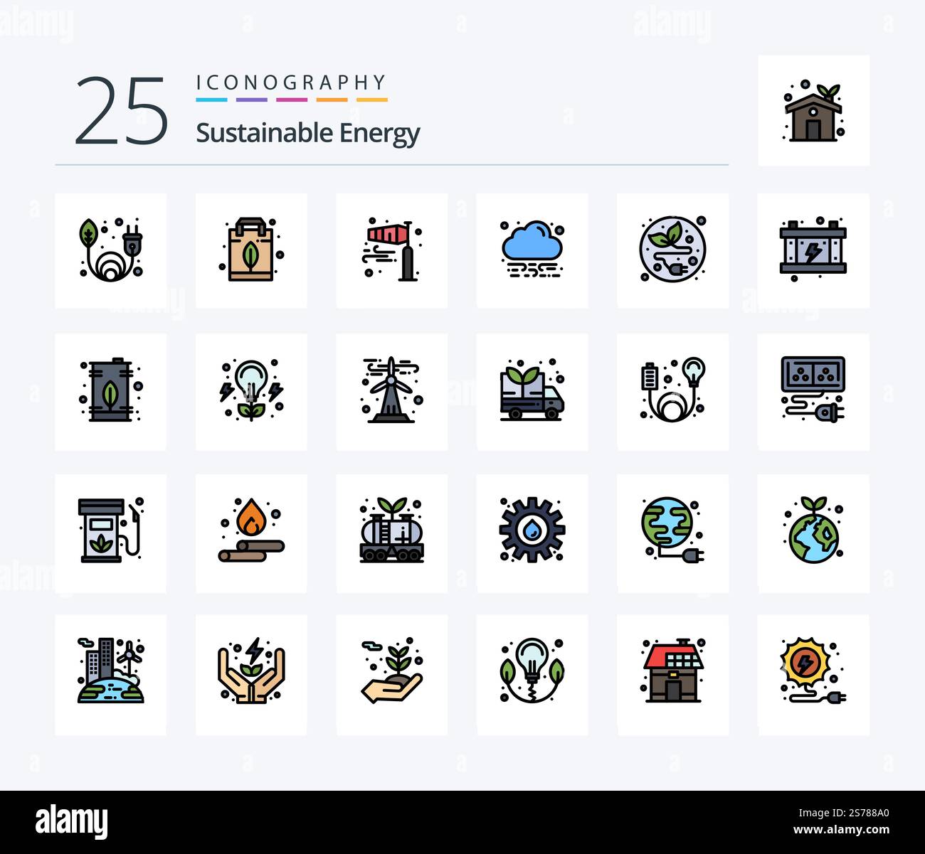Sustainable Energy 25 Line Filled icon pack including leaf. alternative ...