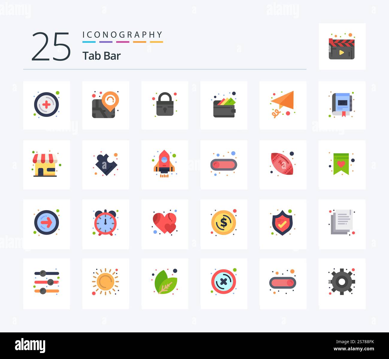 Tab Bar 25 Flat Color icon pack including management. book. secure. send. email Stock Vector