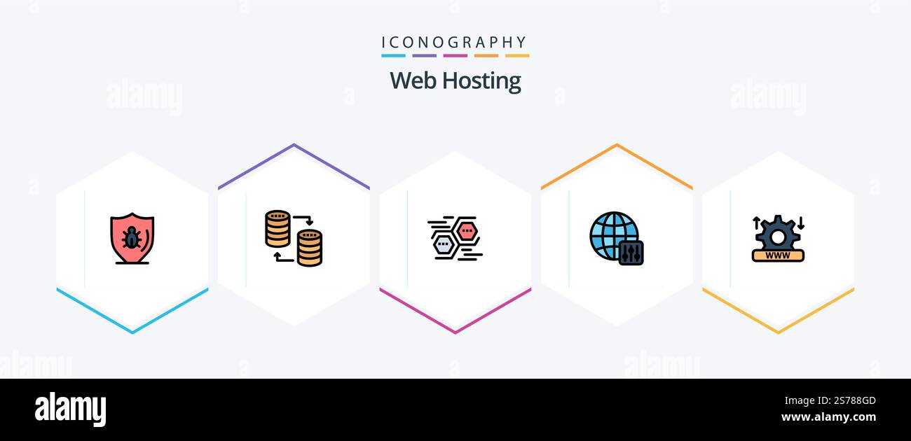 Web Hosting 25 FilledLine icon pack including server settings. world. storage. digital. data Stock Vector
