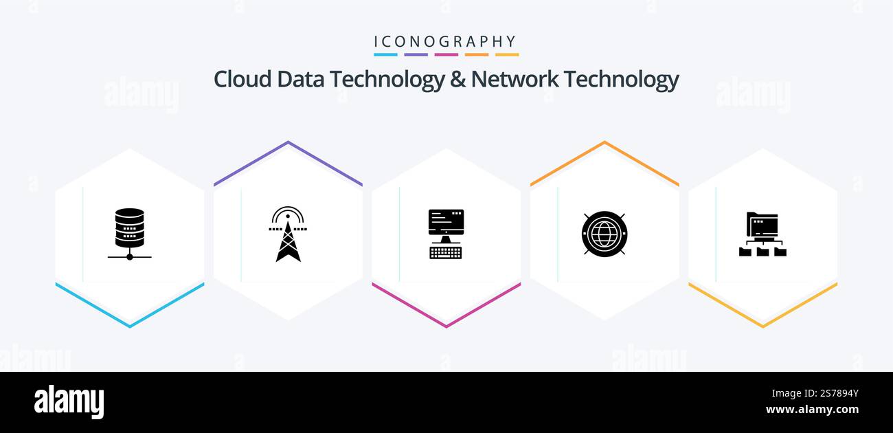 Cloud Data Technology And Network Technology 25 Glyph icon pack including folder. world. computing. web . computing Stock Vector