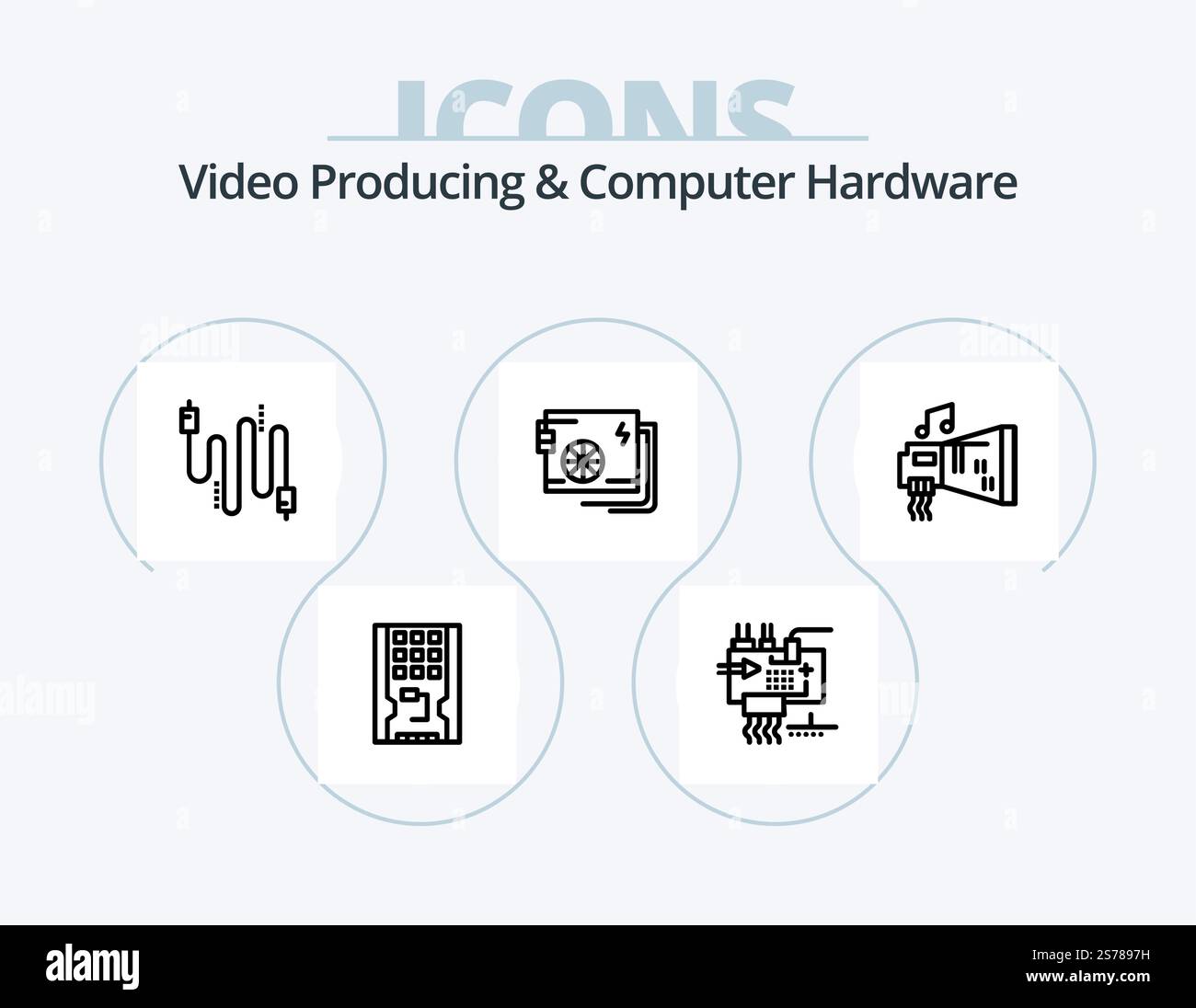 Video Producing And Computer Hardware Line Icon Pack 5 Icon Design. parts. electronics. computer. customize. computer Stock Vector