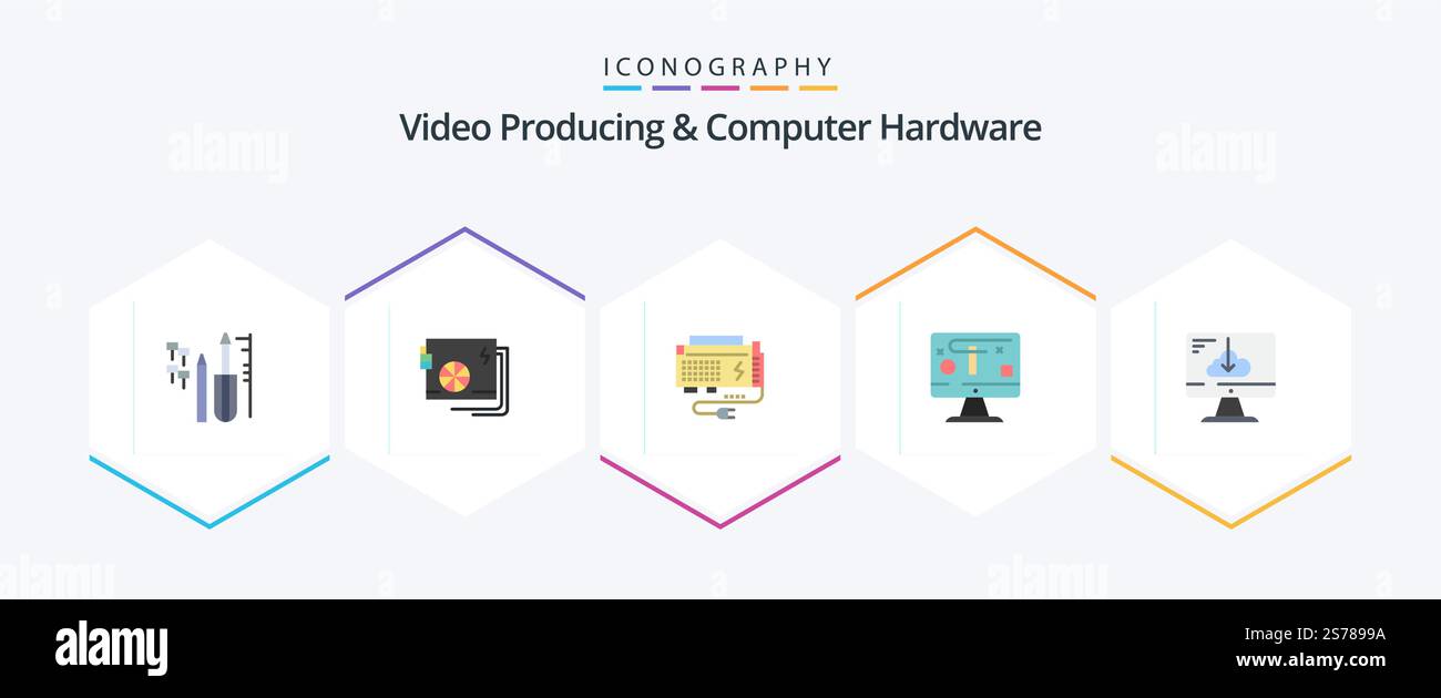 Video Producing And Computer Hardware 25 Flat icon pack including graphics. design. supply. computer. power Stock Vector