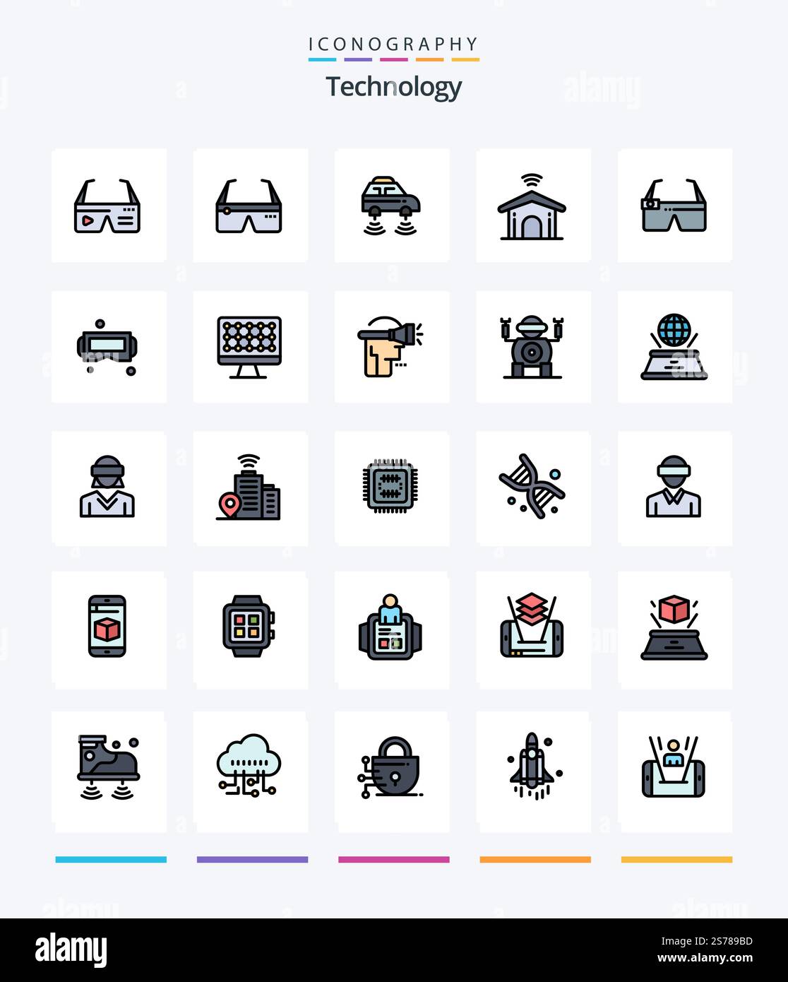 Creative Technology 25 Line FIlled icon pack  Such As smart. glasses. smart. device. smart Stock Vector