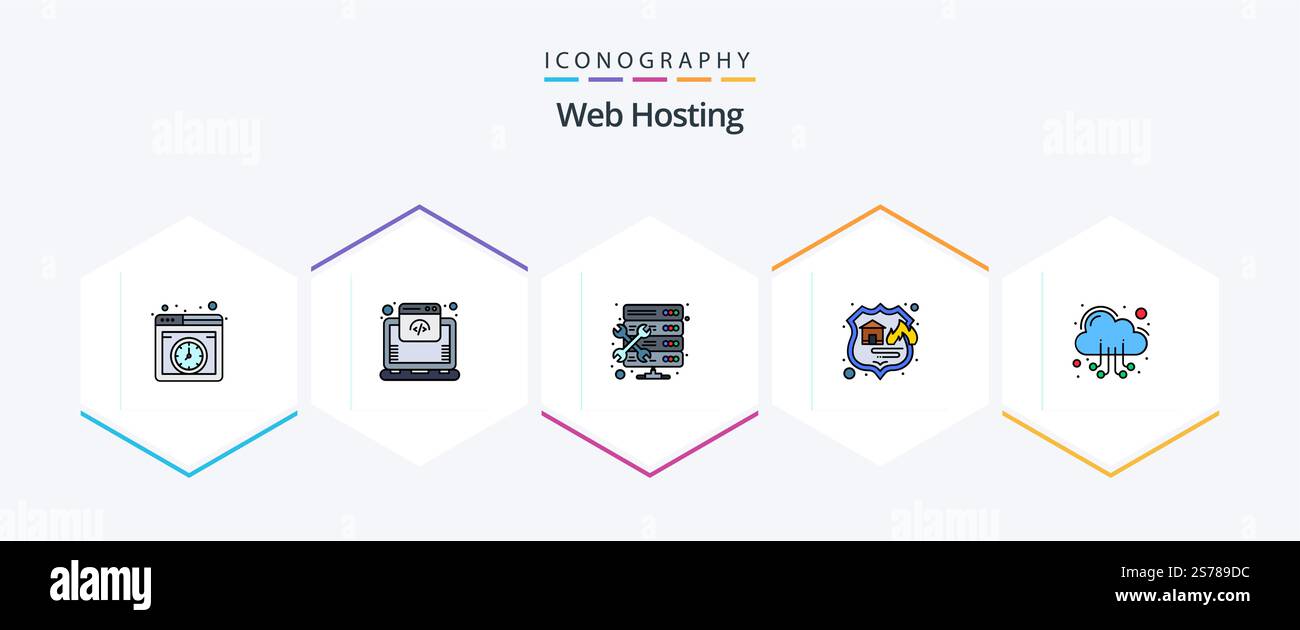 Web Hosting 25 FilledLine icon pack including . web. firewall. server. cloud Stock Vector