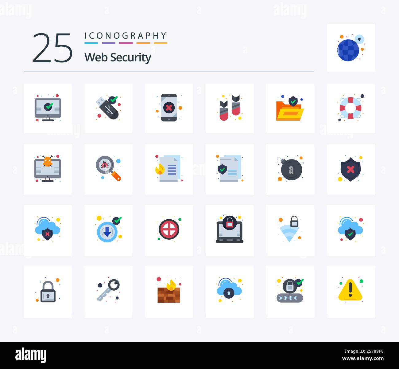 Web Security 25 Flat Color icon pack including lock. virus. mobile data. ddos. attack Stock Vector