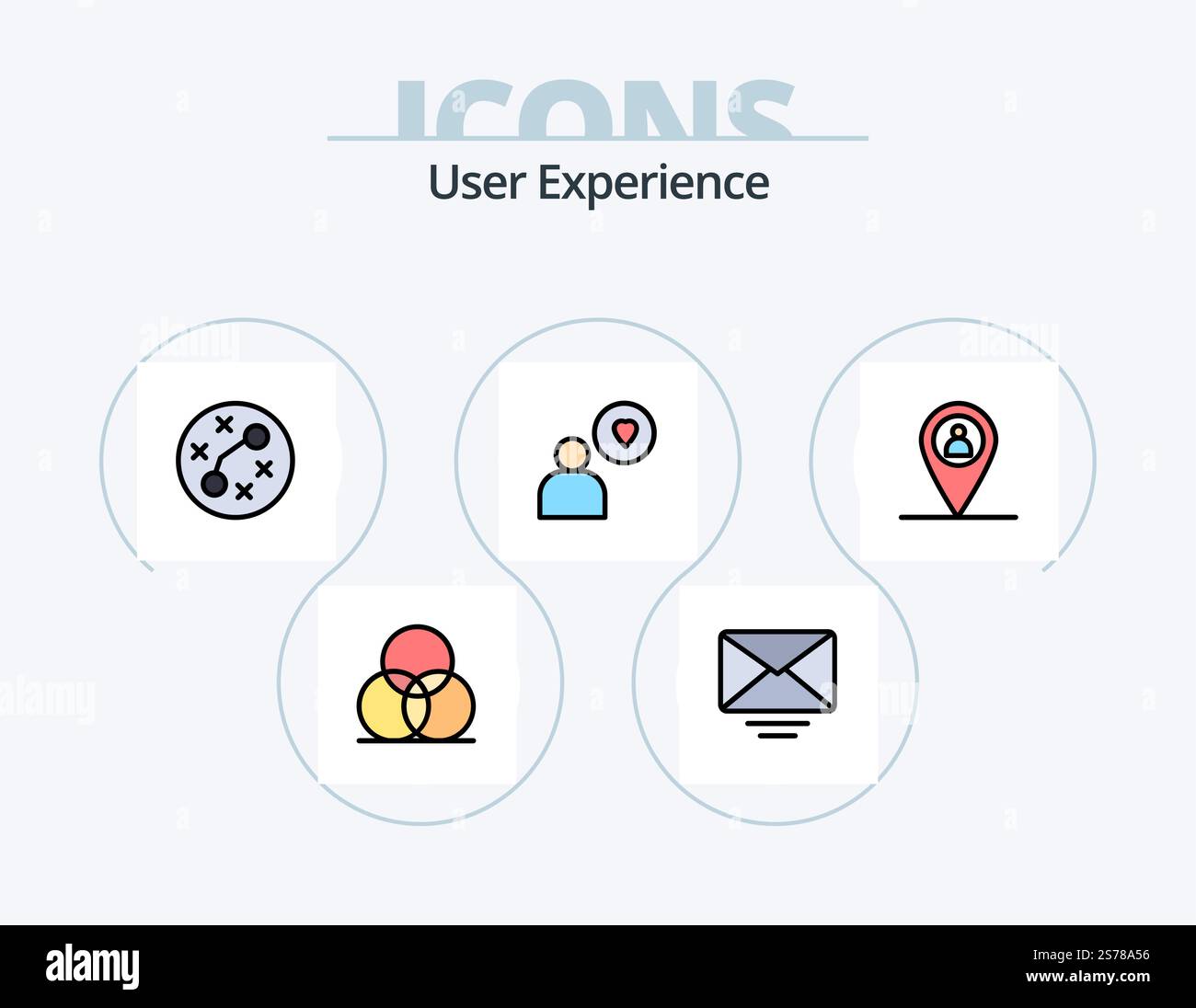 User Experience Line Filled Icon Pack 5 Icon Design. play . design. user. target Stock Vector