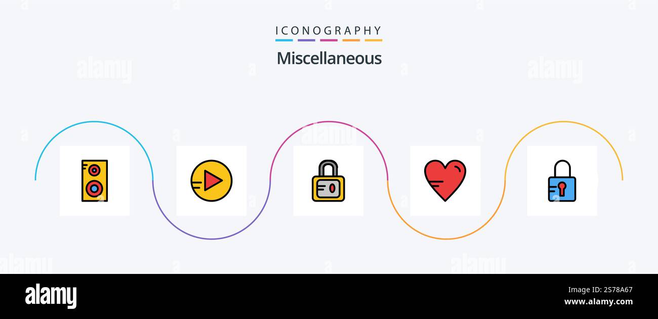 Miscellaneous Line Filled Flat 5 Icon Pack Including . heart. school. lock Stock Vector