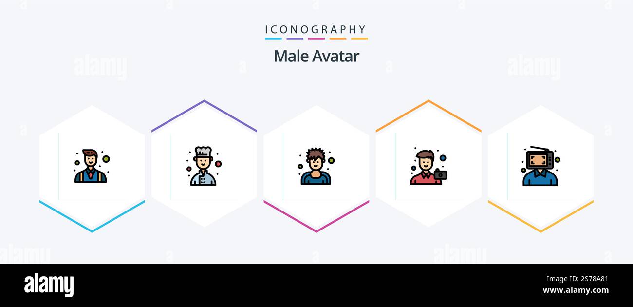 Male Avatar 25 FilledLine icon pack including customer. portrait. exerciser. photo. image Stock Vector