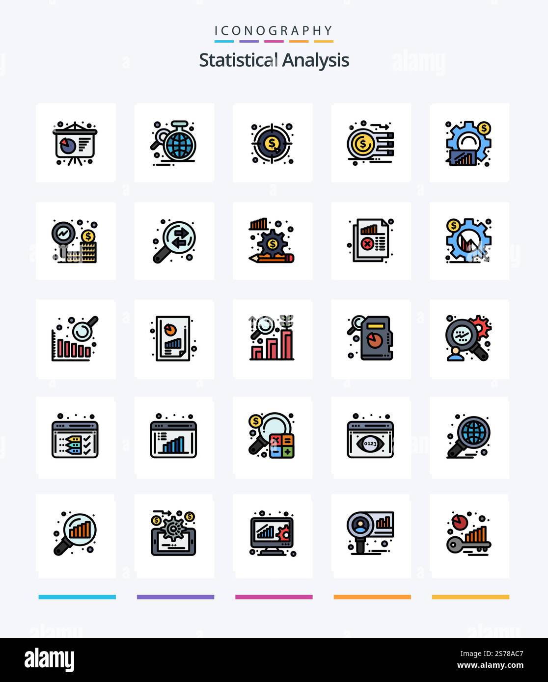 Creative Statistical Analysis 25 Line FIlled icon pack  Such As statistical. business. analysis. analytics. money Stock Vector