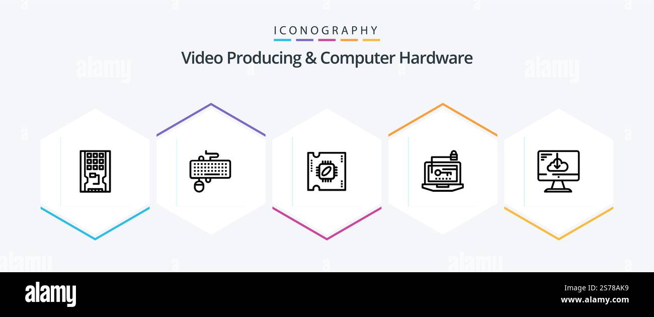 Video Producing And Computer Hardware 25 Line icon pack including key. computer. mouse. access. processor Stock Vector