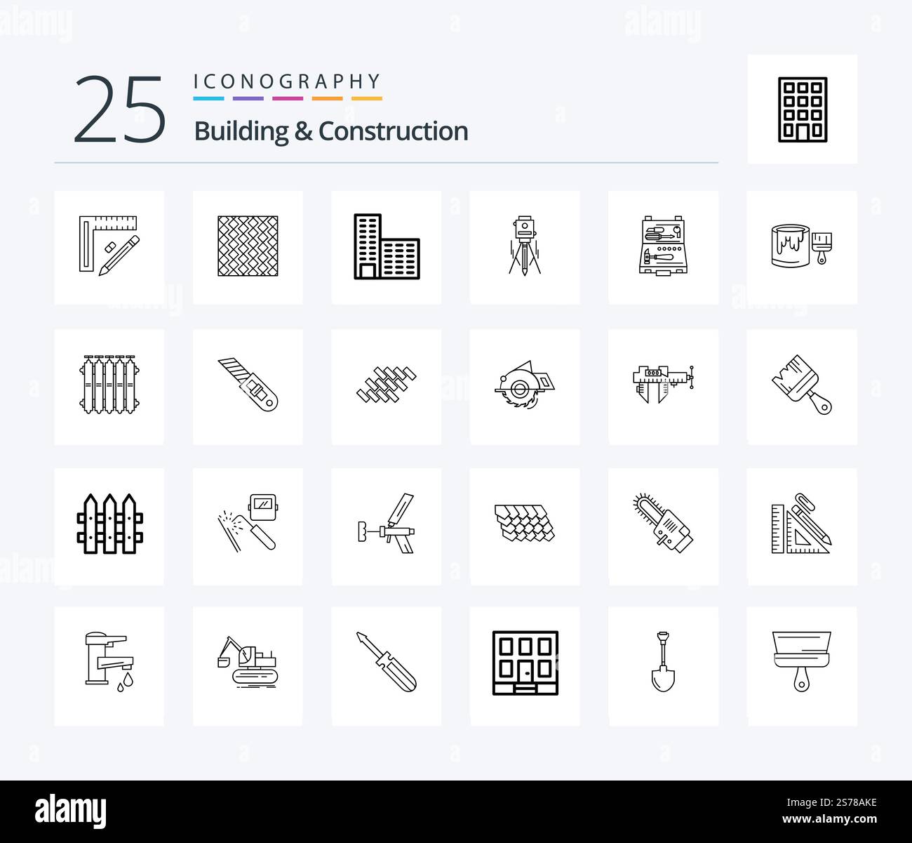 Building And Construction 25 Line icon pack including construction. laser. square. construction. architecture Stock Vector