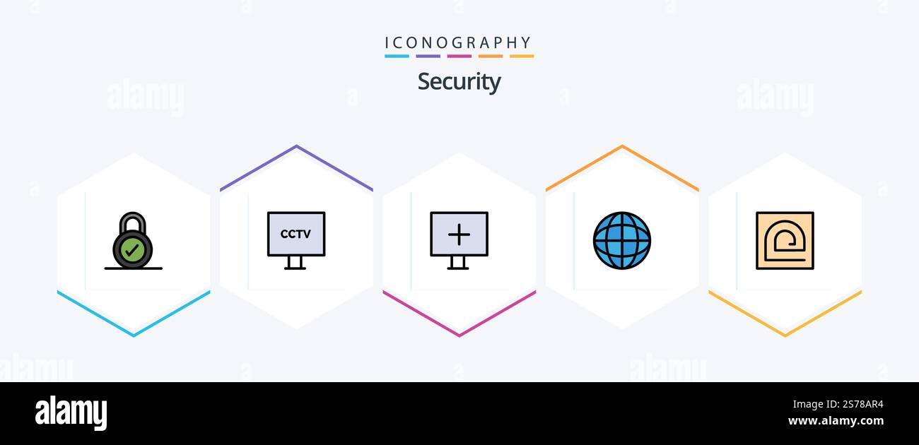 Security 25 FilledLine icon pack including fingerprint. block. aim. security. global Stock Vector