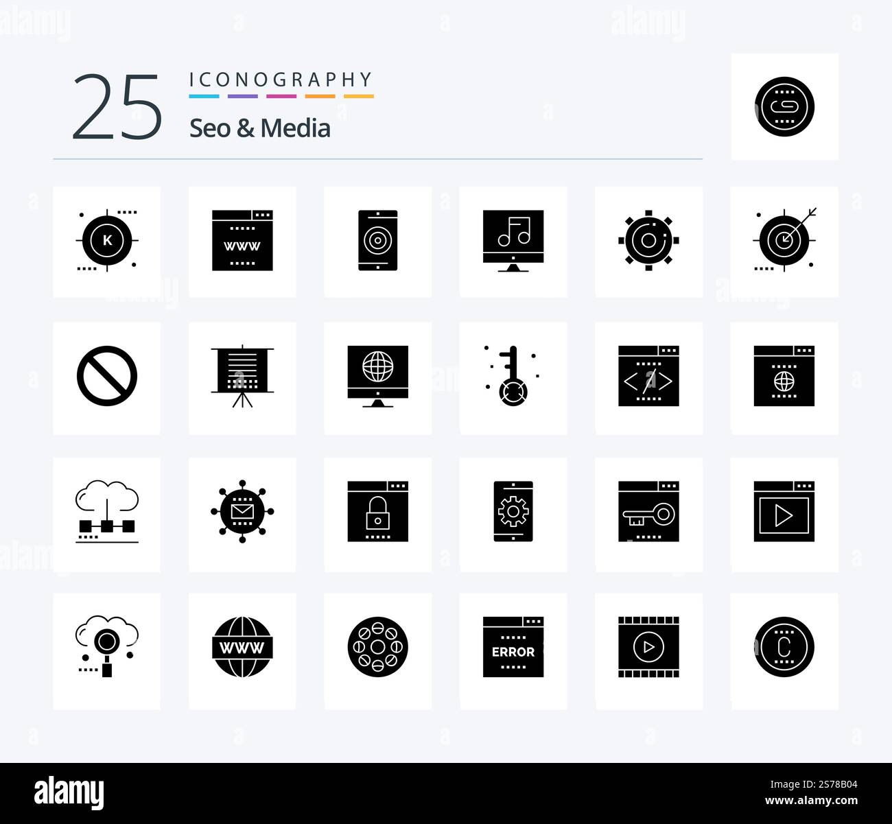 Seo & Media 25 Solid Glyph icon pack including video. media. site. audio. optimization Stock Vector