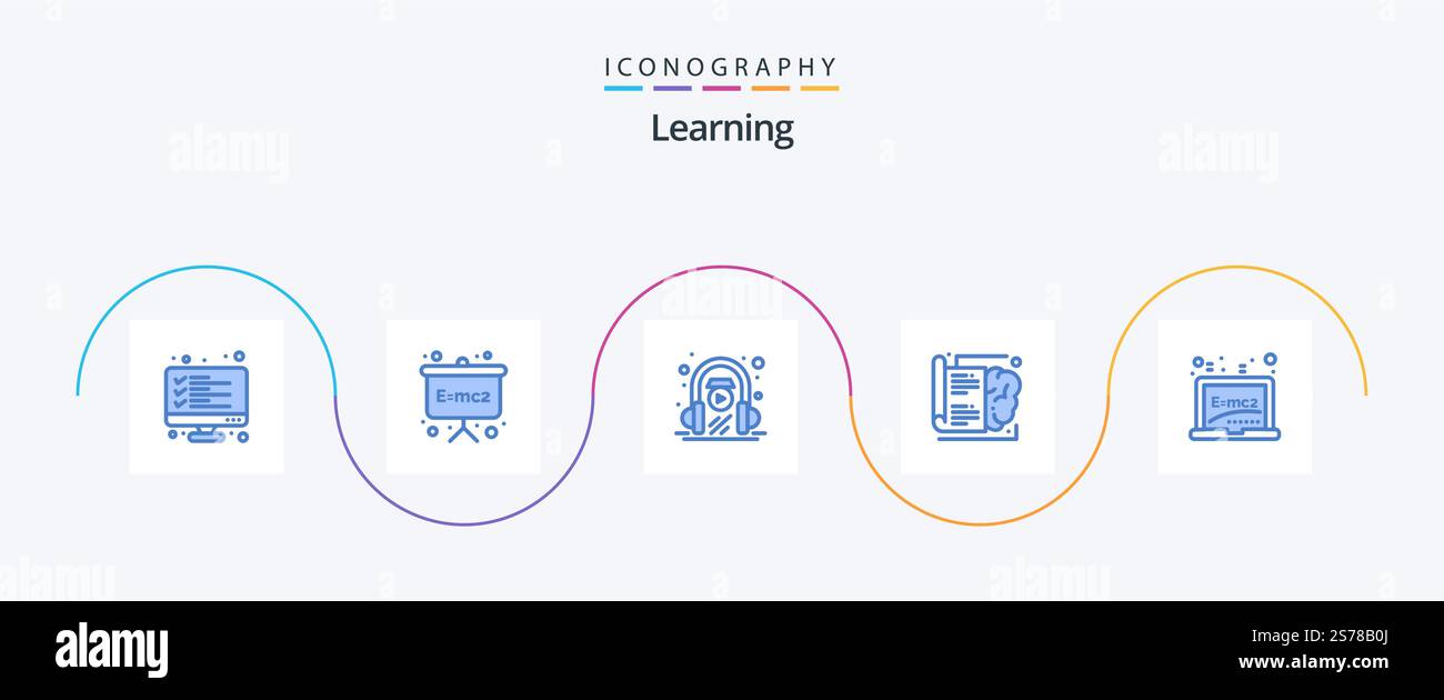 Learning Blue 5 Icon Pack Including board. learning. e learning. knowledge. book Stock Vector