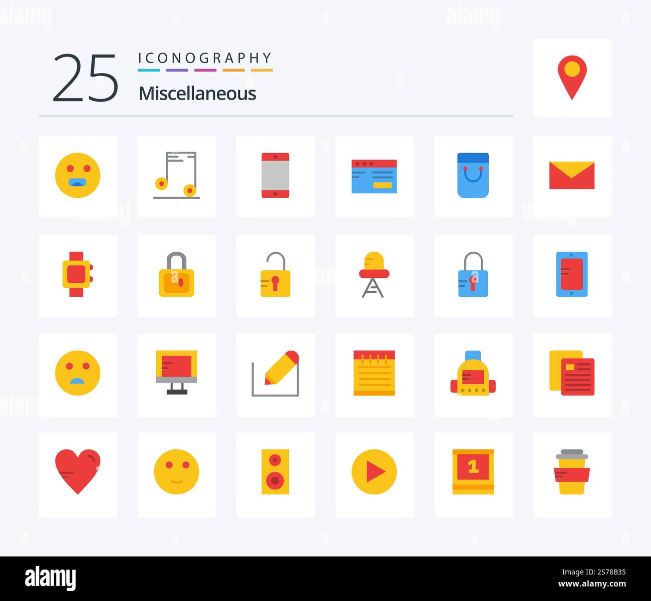 Miscellaneous 25 Flat Color icon pack including mail. handbag. cell. bag. study Stock Vector