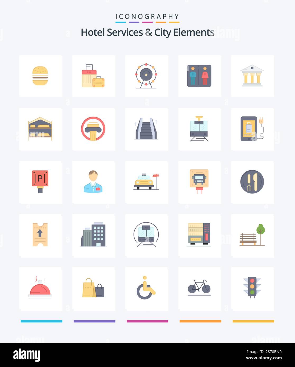 Creative Hotel Services And City Elements 25 Flat icon pack  Such As building. hotel. browser. machine. down Stock Vector