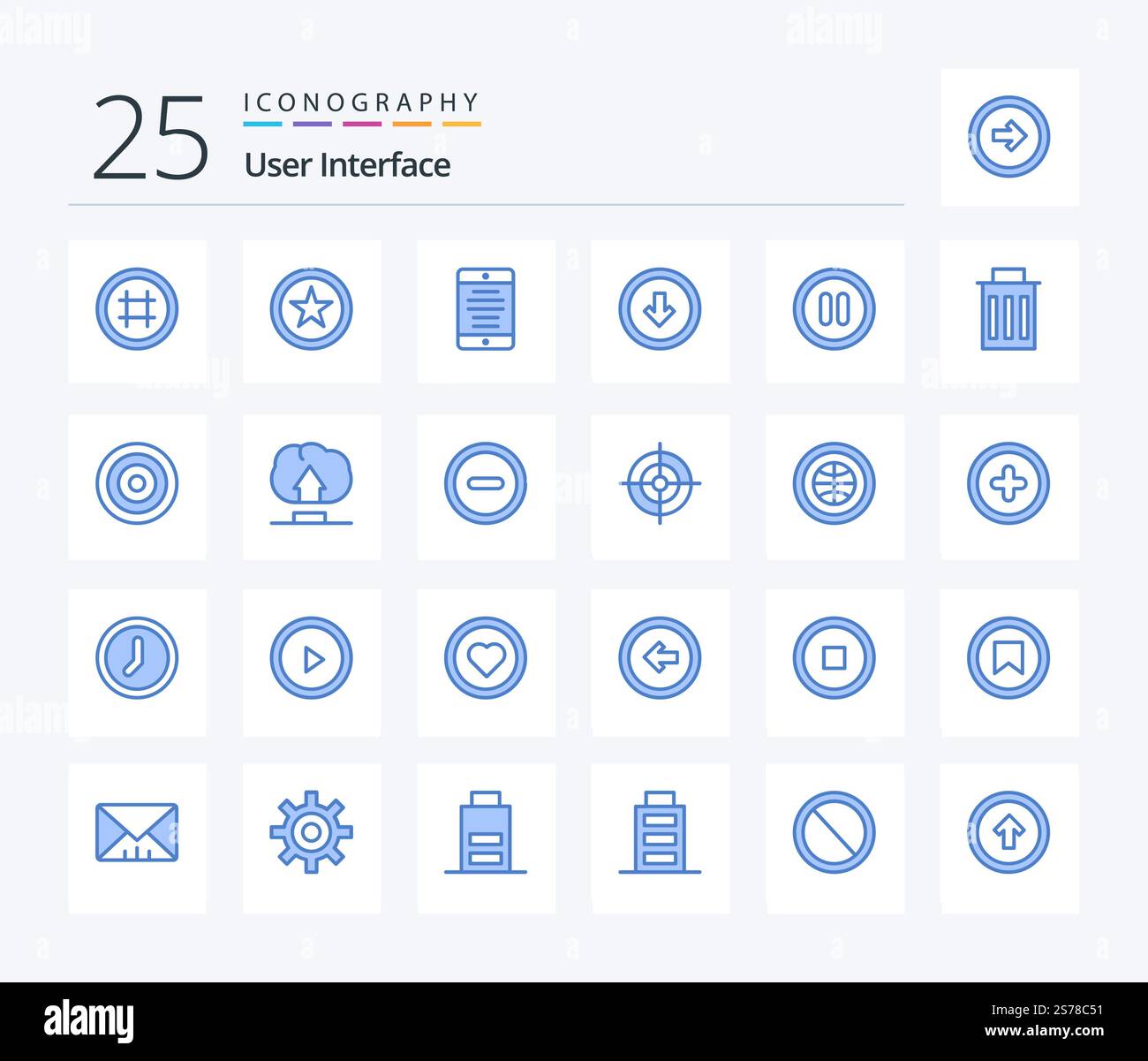 User Interface 25 Blue Color icon pack including pause. down. mobile phone. user interface. button Stock Vector