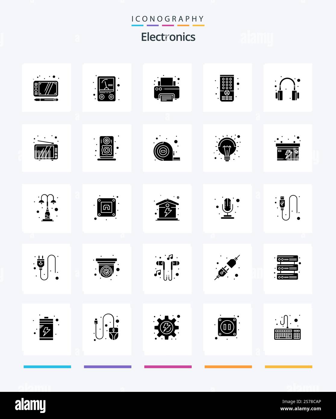 Creative Electronics 25 Glyph Solid Black icon pack  Such As television. headset. printer. headphones. tv Stock Vector