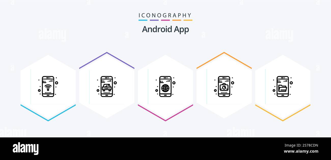 Android App 25 Line icon pack including research. drive search. app. mobile. application Stock Vector