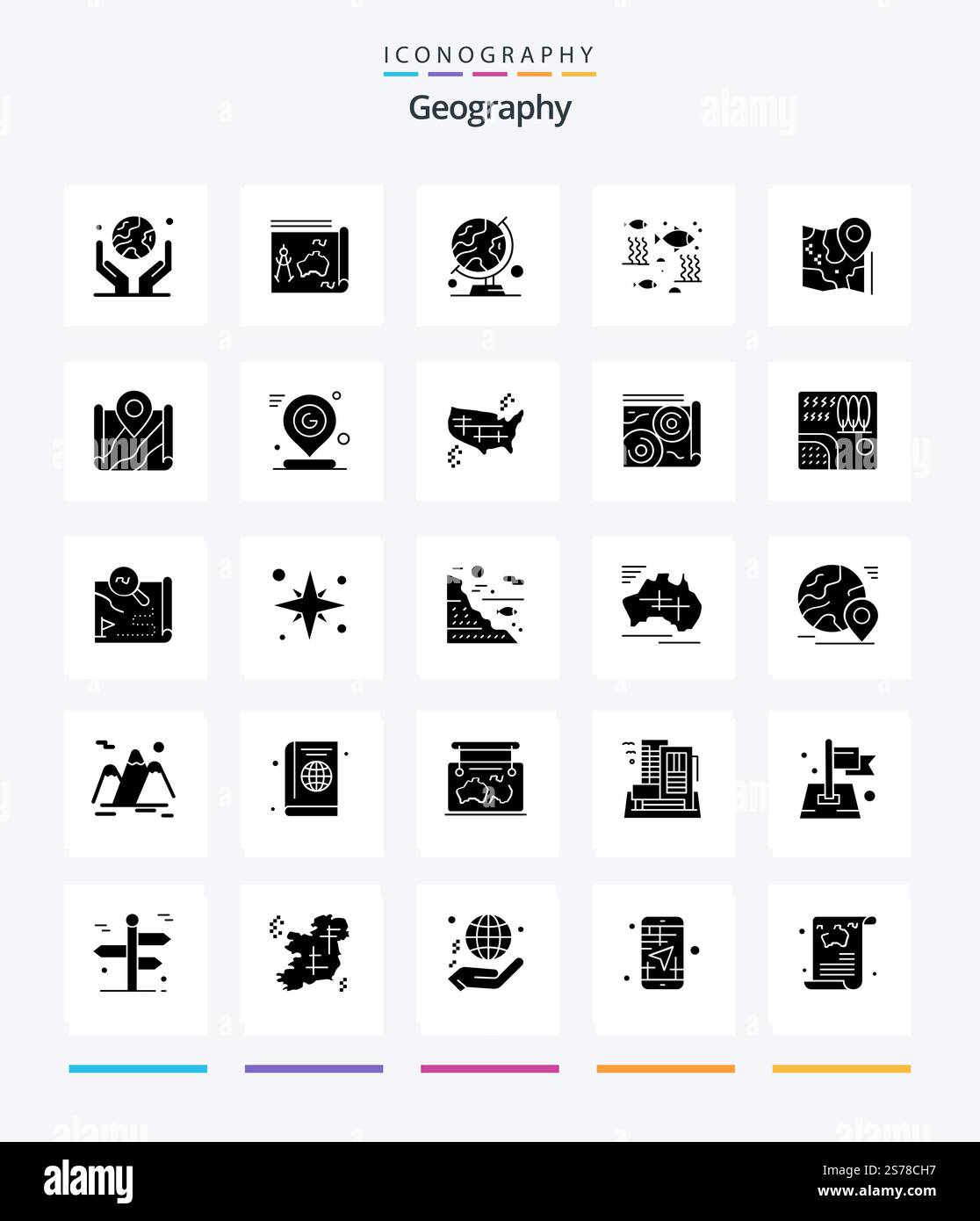 Creative Geo Graphy 25 Glyph Solid Black icon pack  Such As river. fish. book. table globe. map Stock Vector