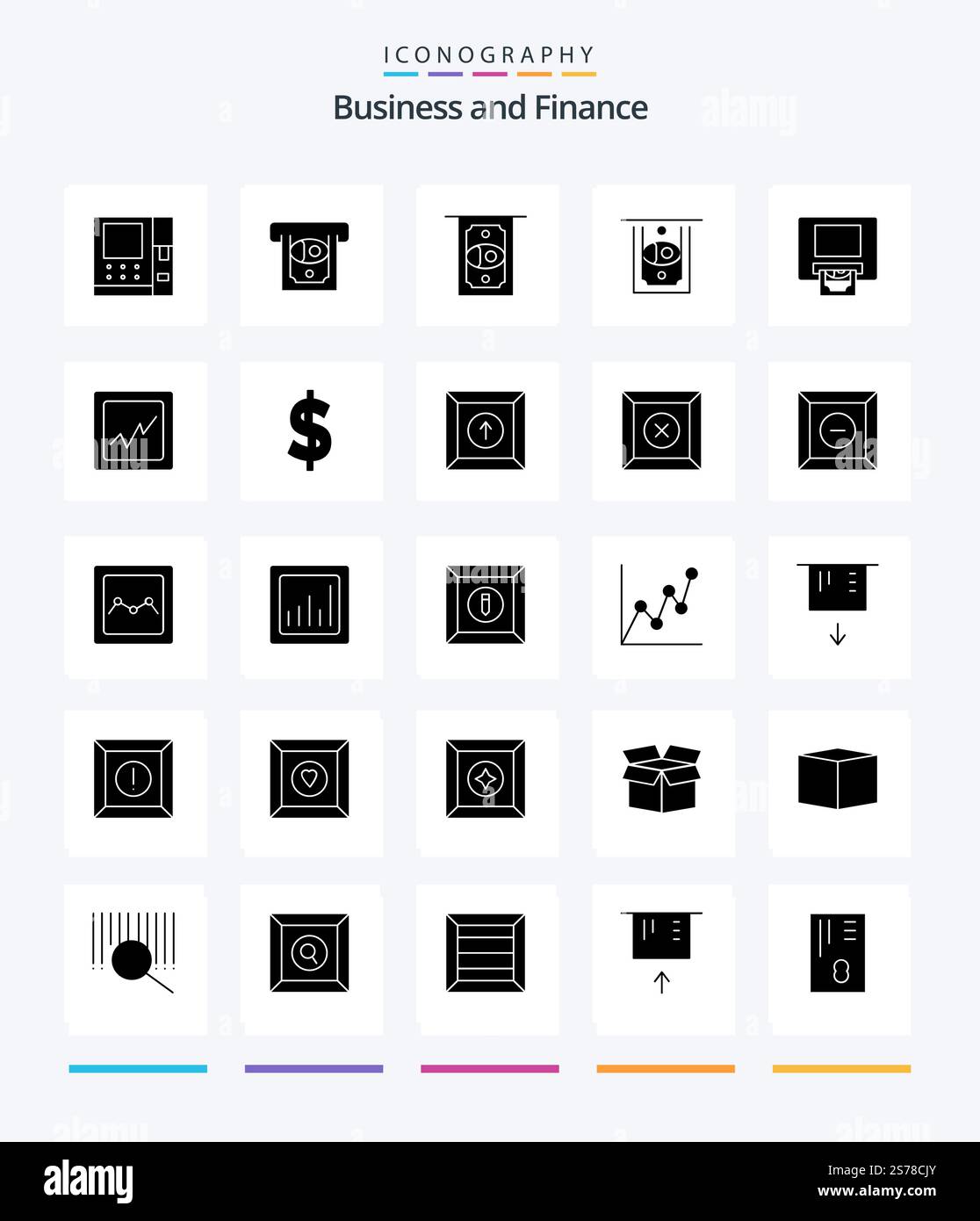 Creative Finance 25 Glyph Solid Black icon pack  Such As box. chart. box. analytics. delete Stock Vector