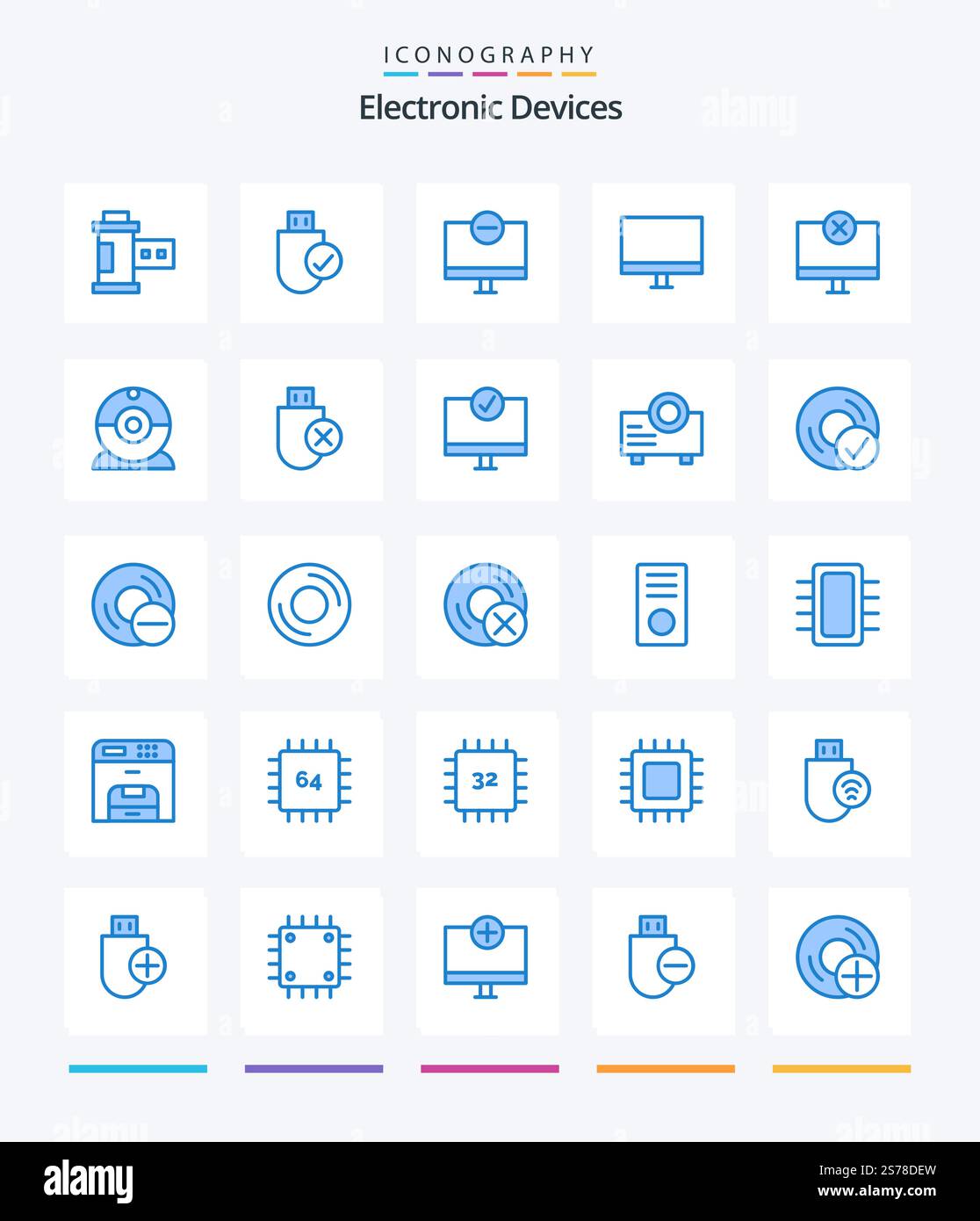 Creative Devices 25 Blue icon pack  Such As computers. camera. stick. cam. hardware Stock Vector