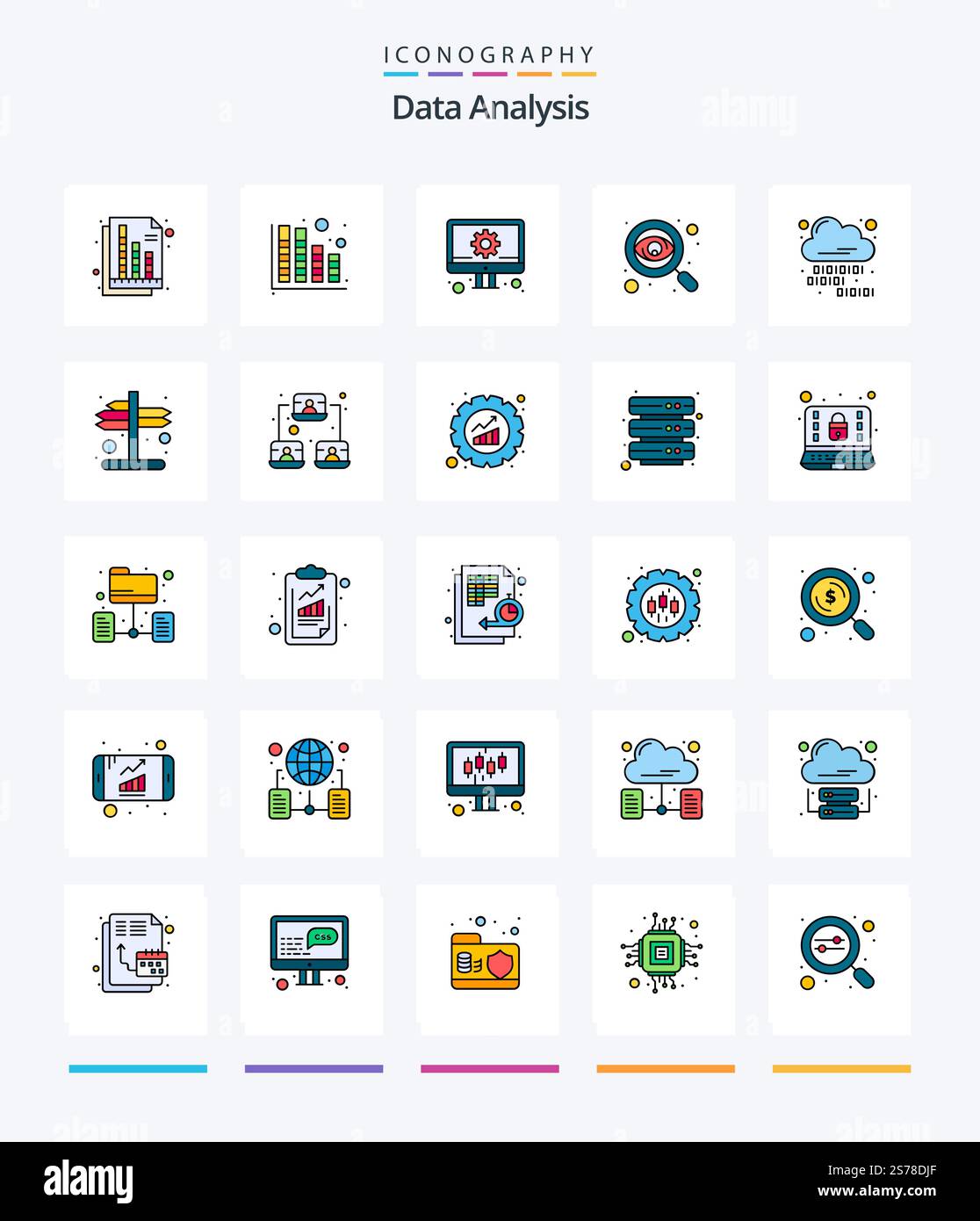 Creative Data Analysis 25 Line FIlled icon pack  Such As cloud coding. report. develop. monitoring. business Stock Vector