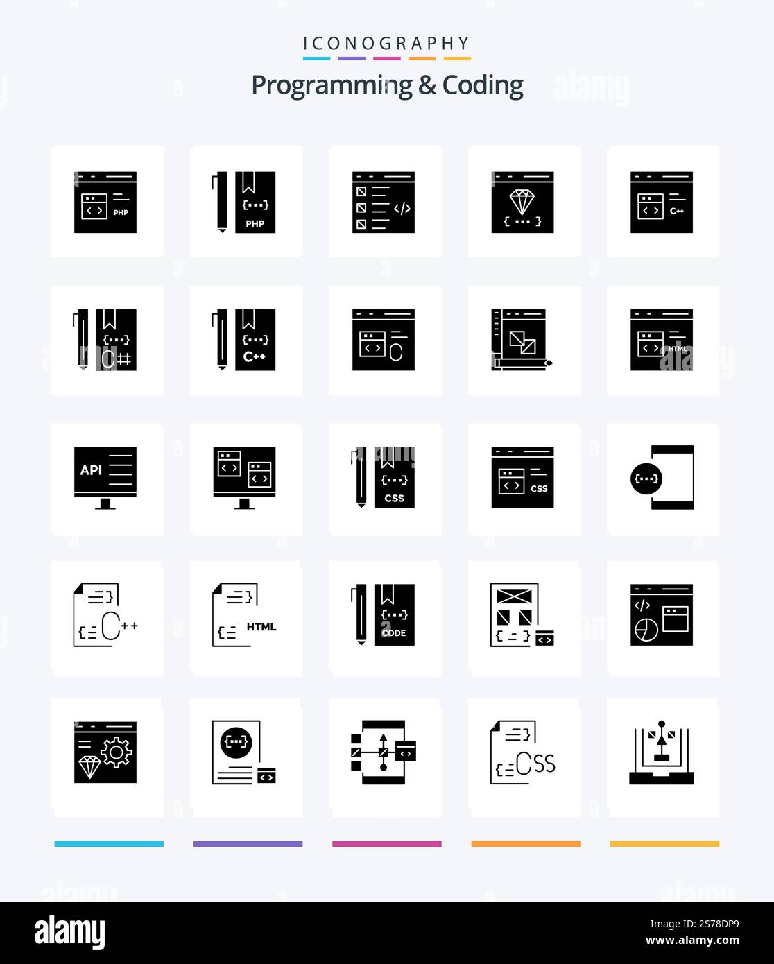 Creative Programming And Coding 25 Glyph Solid Black icon pack  Such As coding. app. file. list. develop Stock Vector