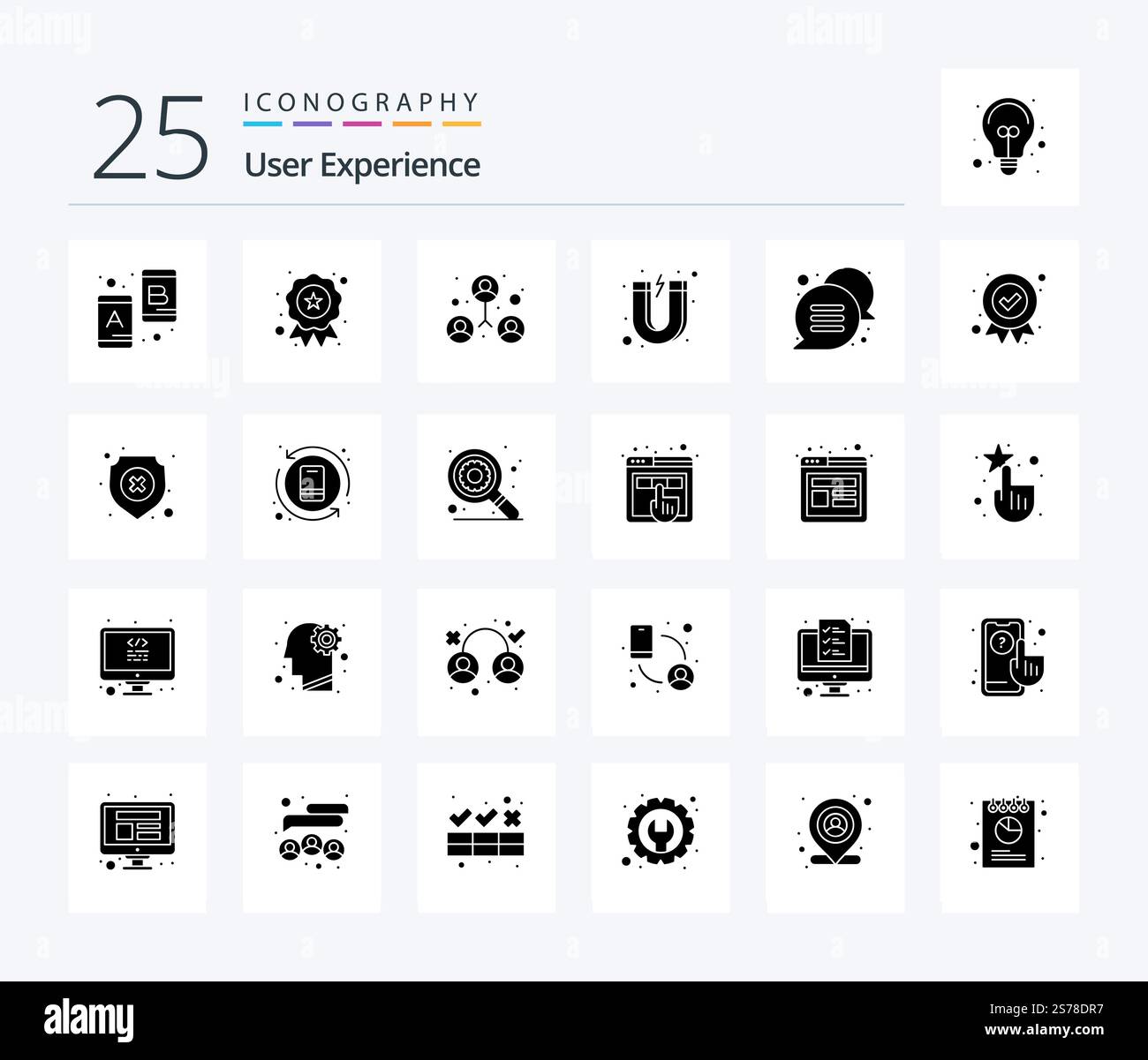 User Experience 25 Solid Glyph icon pack including message. callout. people. chat. customer Stock Vector