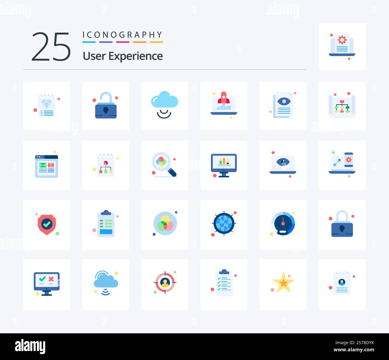 User Experience 25 Flat Color icon pack including view. eye. cloud. document view. rocket Stock Vector