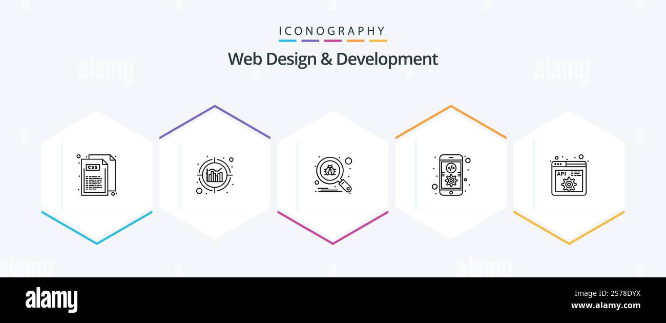 Web Design And Development 25 Line icon pack including development. api. scan. mobile. coding Stock Vector
