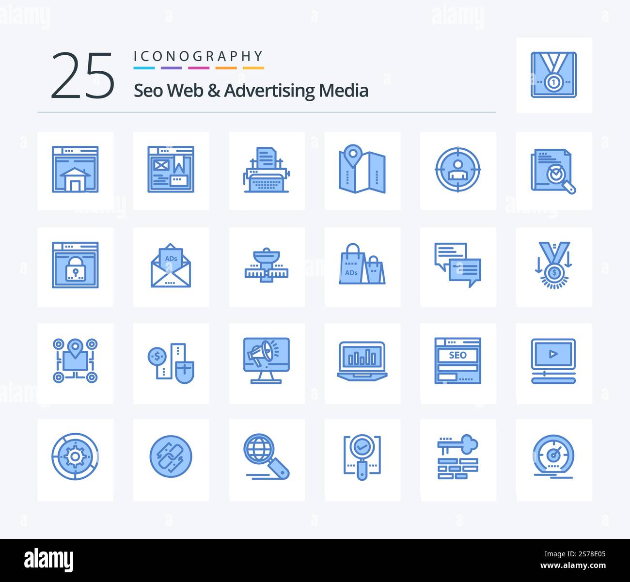 Seo Web And Advertising Media 25 Blue Color icon pack including location. location. design. map. document Stock Vector