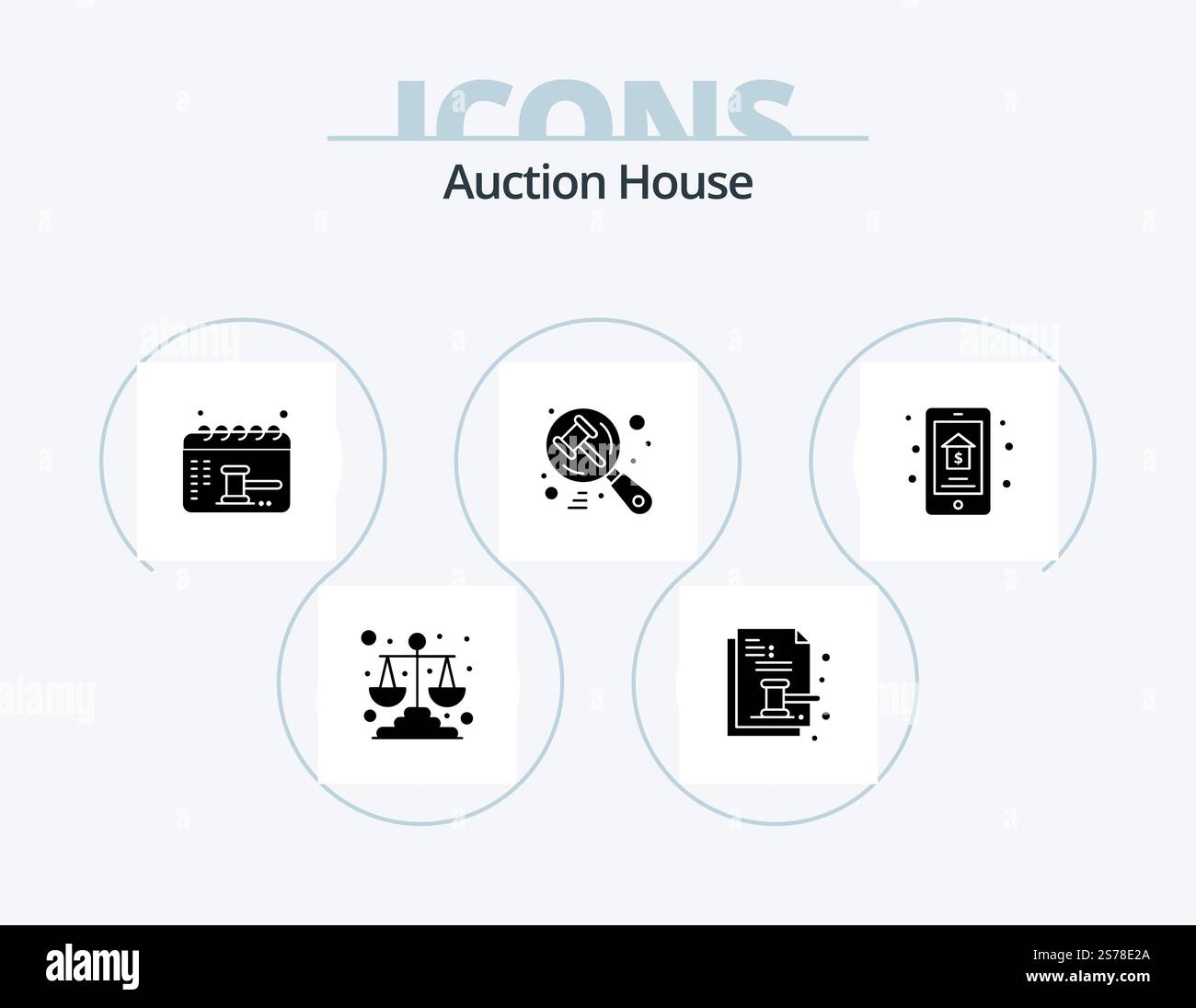 Auction Glyph Icon Pack 5 Icon Design. online sale. hammer. legal. auction. balance Stock Vector