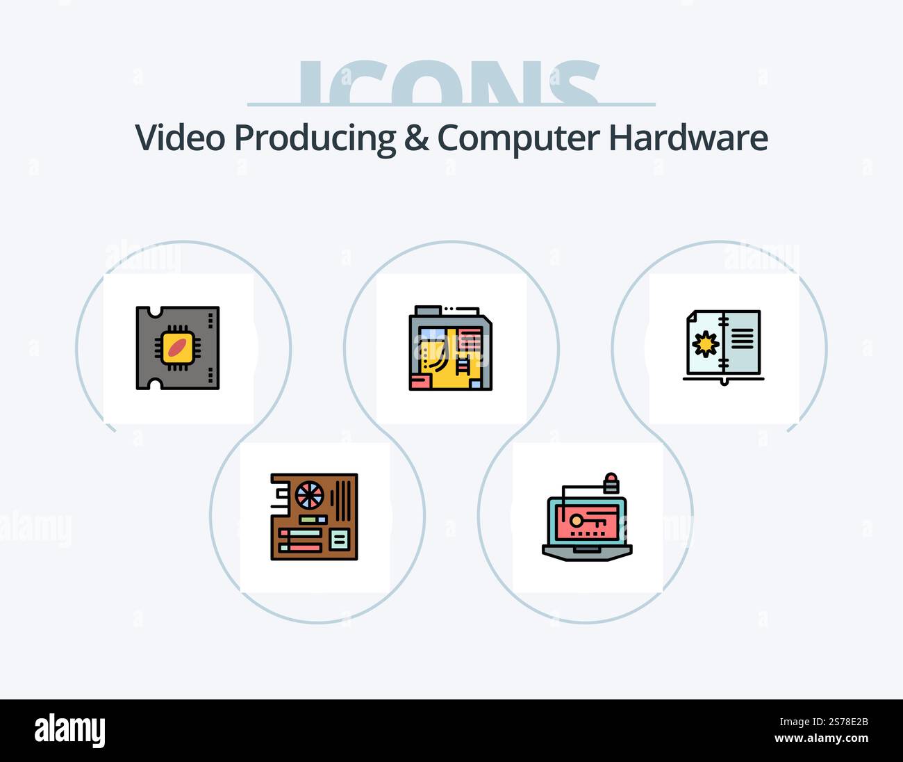 Video Producing And Computer Hardware Line Filled Icon Pack 5 Icon Design. connection. processor chip. mouse. processor. cpu Stock Vector