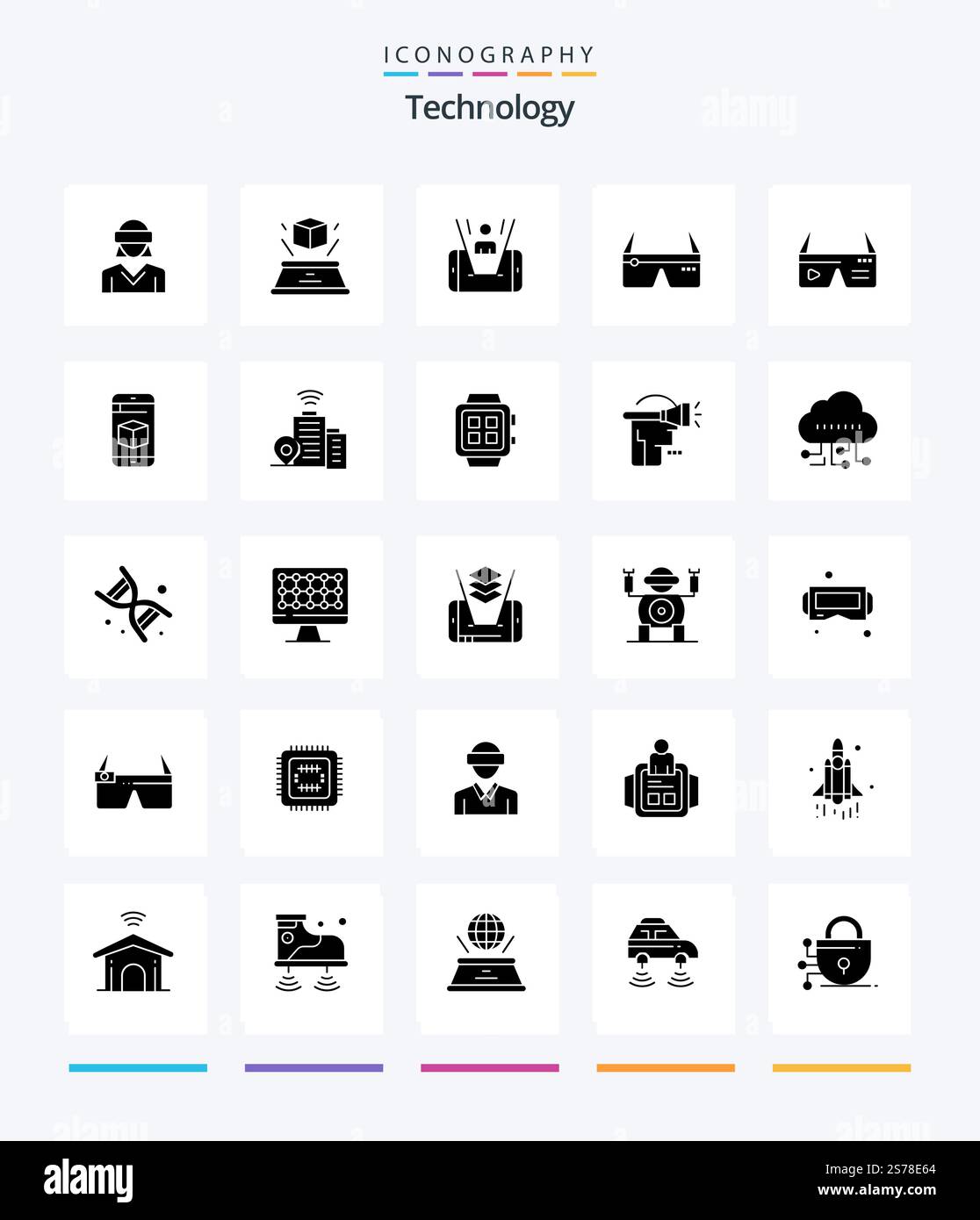 Creative Technology 25 Glyph Solid Black icon pack  Such As glasses. computing. imagination. computer. man Stock Vector