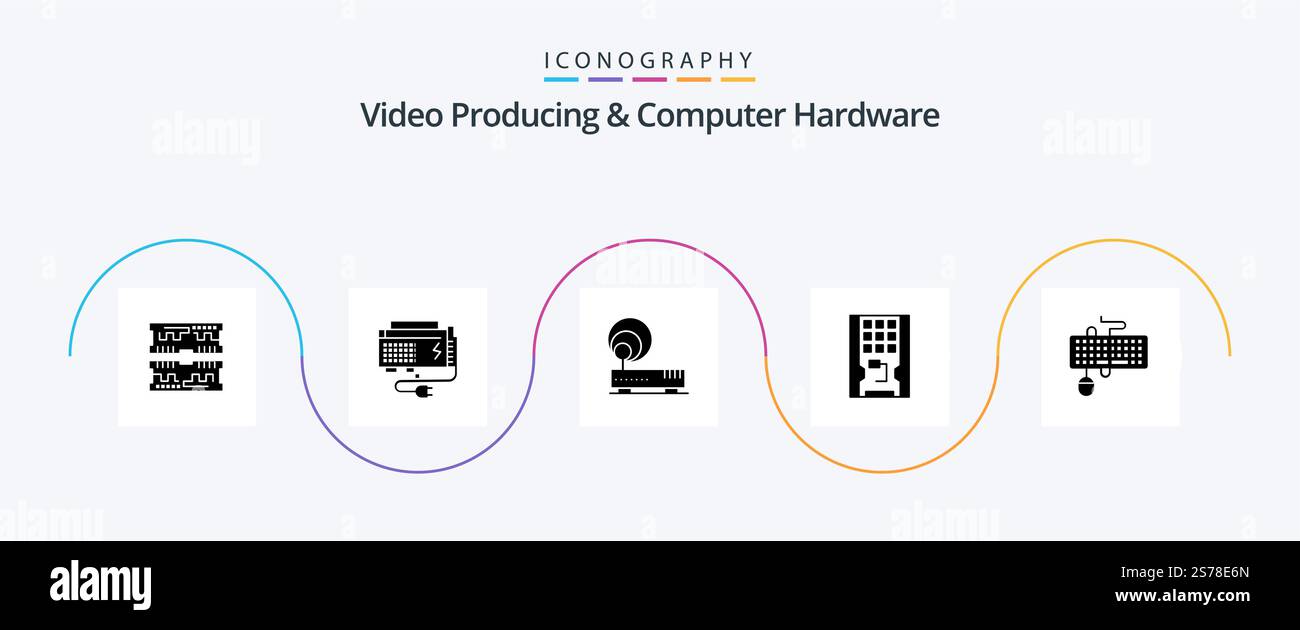 Video Producing And Computer Hardware Glyph 5 Icon Pack Including ssd. hardware. source. drive. network Stock Vector