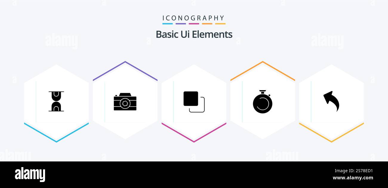 Basic Ui Elements 25 Glyph icon pack including left. watch. media. timer. clock Stock Vector