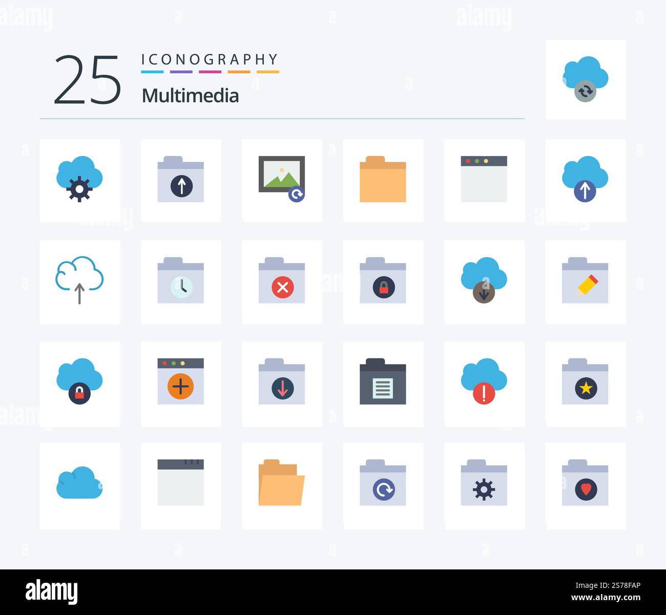 Multimedia 25 Flat Color icon pack including upload. cloud. reload. window. app Stock Vector