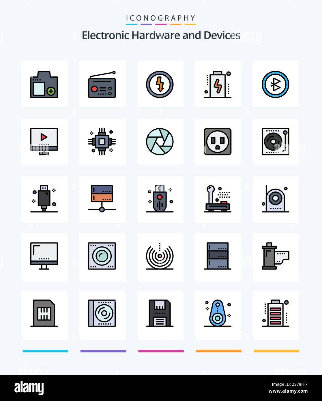 Creative Devices 25 Line FIlled icon pack  Such As bluetooth. devices. technology. charge. power Stock Vector
