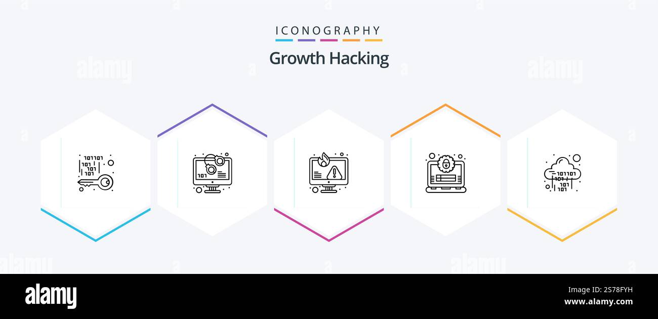 Hacking 25 Line icon pack including profile. account. warn. fire. error Stock Vector