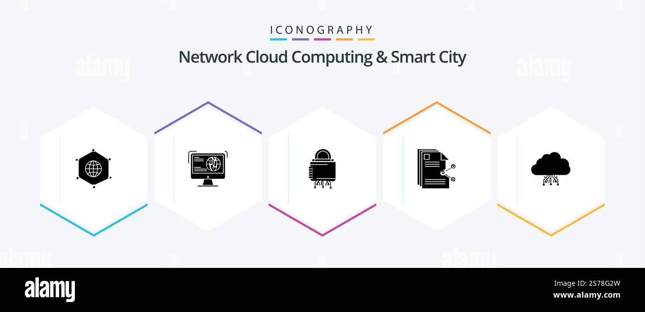 Network Cloud Computing And Smart City 25 Glyph icon pack including files. website. secure. lock Stock Vector